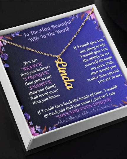 gold vertical name necklace in two-tone box