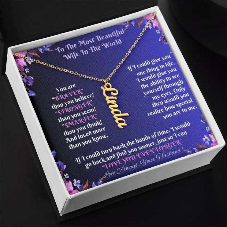 gold vertical name necklace in two-tone box