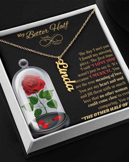 18k vertical name necklace in soft box angled left