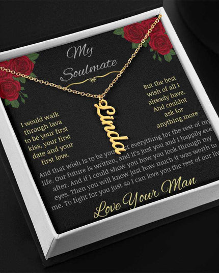 Vertical Name Necklace in yellow gold finish with a two-tone box angle 2