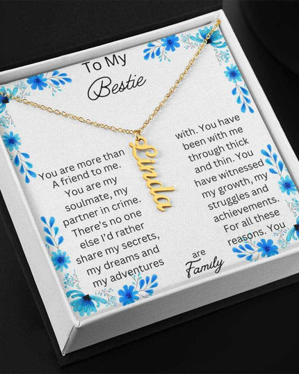 vertical name necklace in standard box with to my bestie message card and gold variant side angle photo
