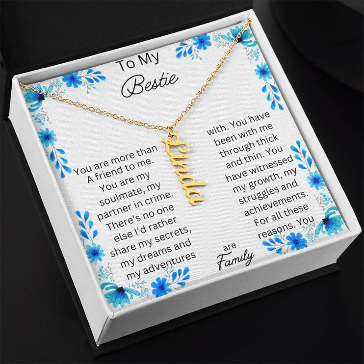 vertical name necklace in standard box with to my bestie message card and gold variant side angle photo