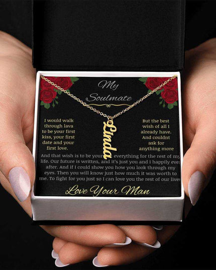 Vertical Name Necklace in yellow gold finish with a two-tone box angle 3