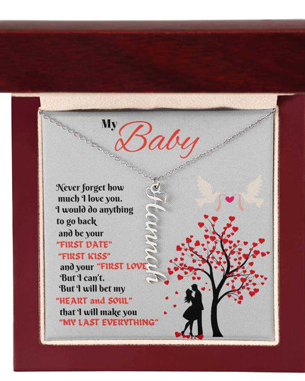 polished stainless-steel vertical name necklace in luxury box up close