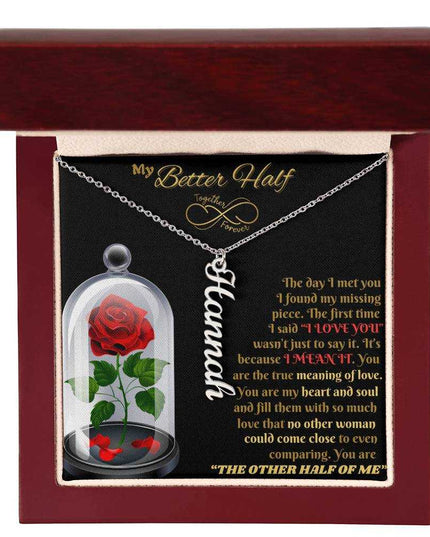 polished stainless-steel vertical name necklace in luxury box up close