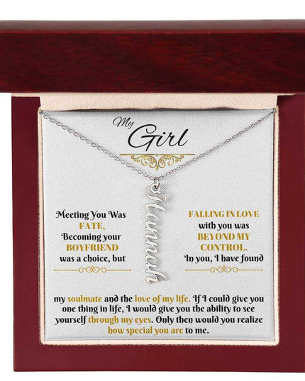 polished stainless-steel vertical name necklace in luxury box up close