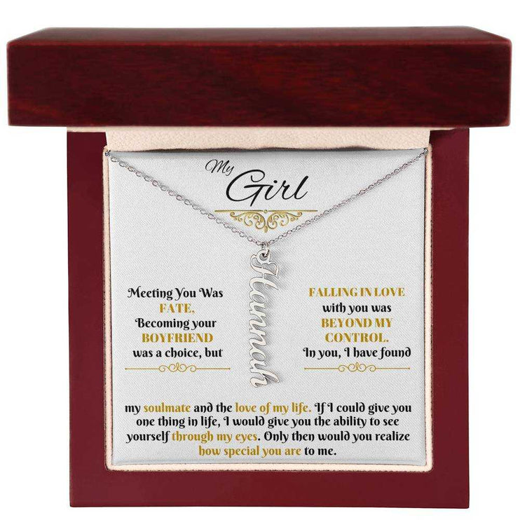 polished stainless-steel vertical name necklace in luxury box up close