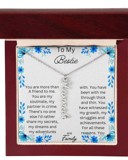 vertical name necklace in mahogany box with to my bestie message card with silver variant charm