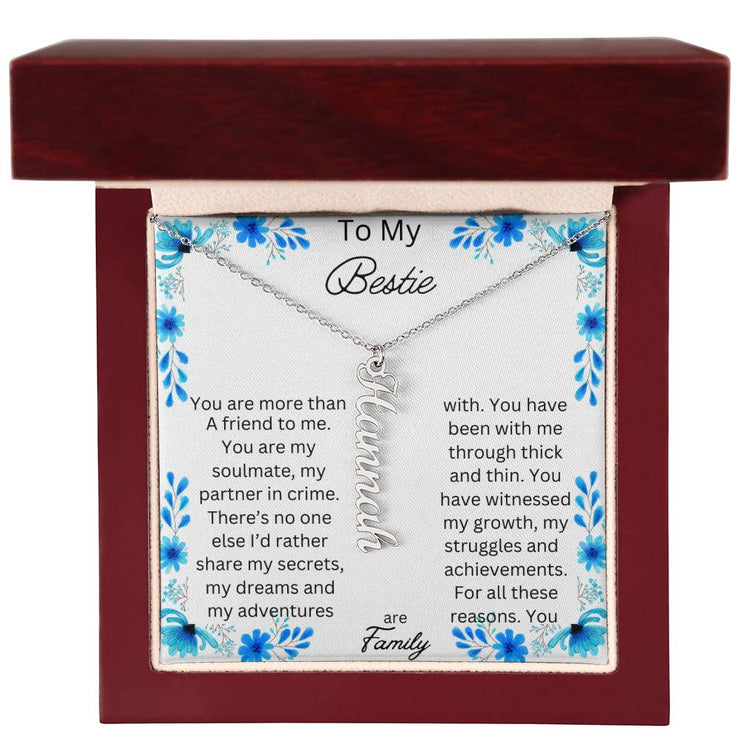 vertical name necklace in mahogany box with to my bestie message card with silver variant charm