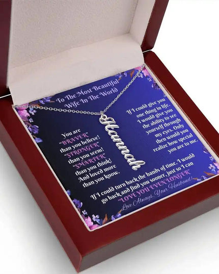 polished stainless-steel vertical name necklace in mahogany box