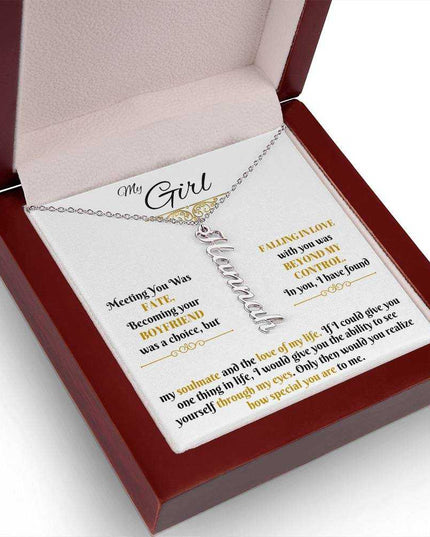 polished stainless-steel vertical name necklace in a luxury box left side
