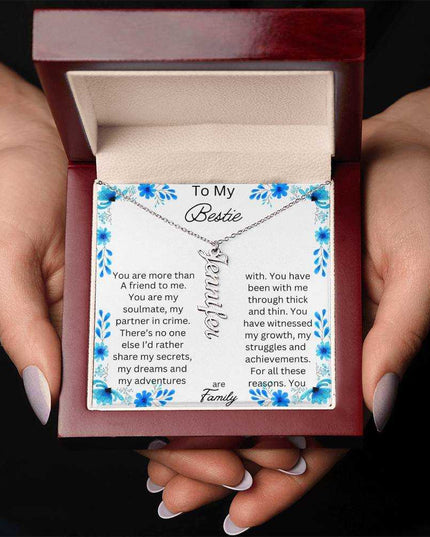 vertical name necklace in mahogany box with to my bestie message card with silver variant