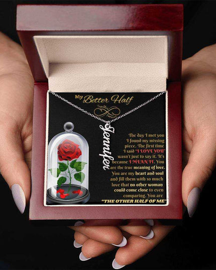 polished stainless-steel vertical name necklace in luxury box up close