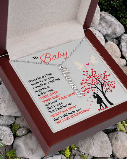 polished stainless-steel vertical name necklace in luxury box