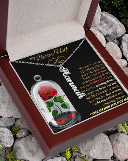 polished stainless steel vertical name necklace in luxury box