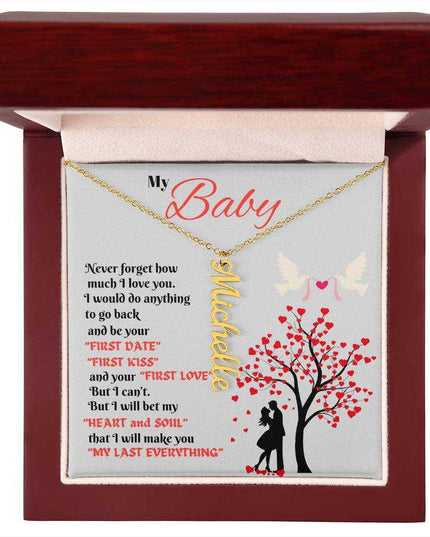 gold vertical name necklace in luxury box up close