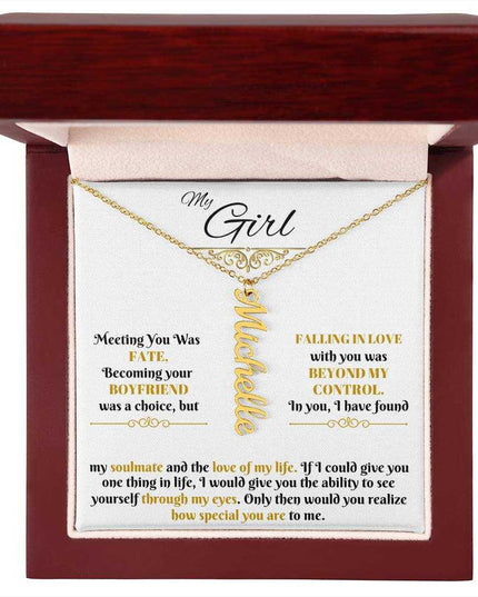 gold vertical name necklace in luxury box up close