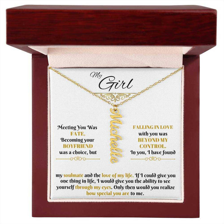 gold vertical name necklace in luxury box up close