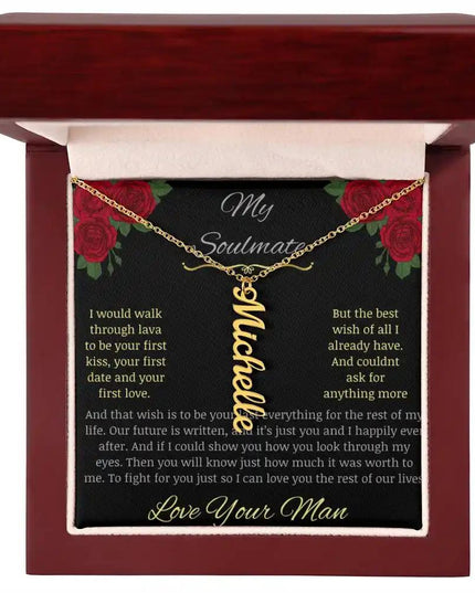 Vertical Name Necklace in yellow gold finish with a mahogany box angle 2