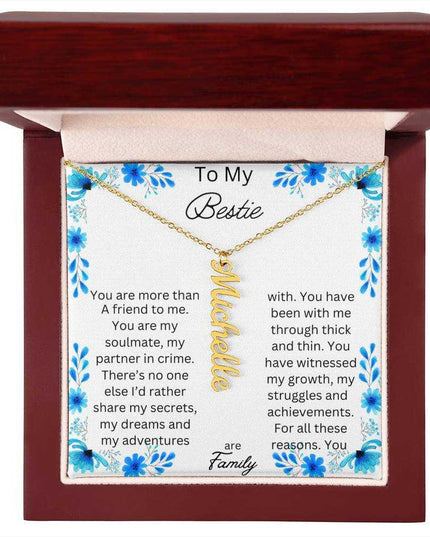 vertical name necklace in mahogany box with to my bestie message card with gold variant