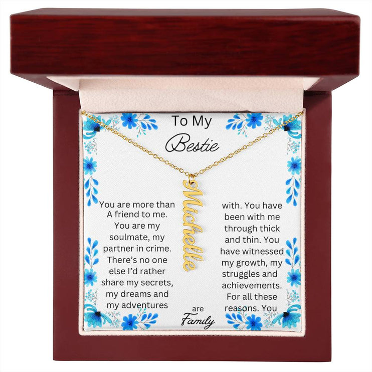 vertical name necklace in mahogany box with to my bestie message card with gold variant