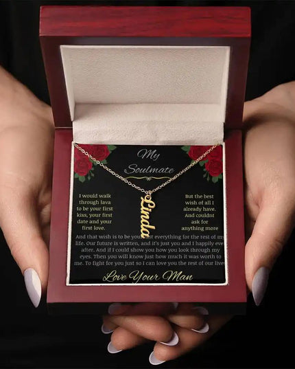 Vertical Name Necklace in yellow gold finish with a mahogany box 
