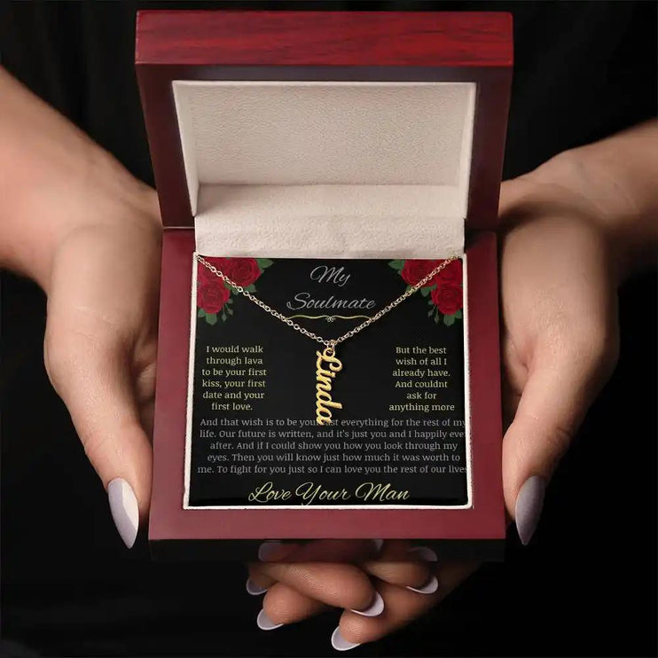 Vertical Name Necklace in yellow gold finish with a mahogany box 