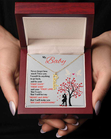 gold vertical name necklace in luxury box