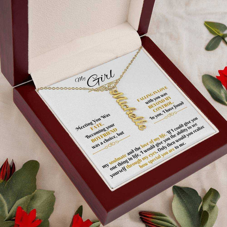 gold vertical name necklace in luxury box angled left