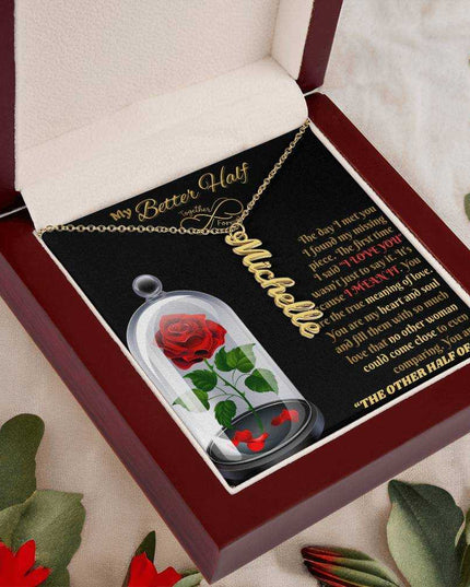 18k gold vertical name necklace in luxury box angled left