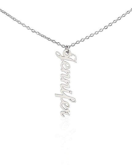 a polished stainless steel vertical name necklace hanging