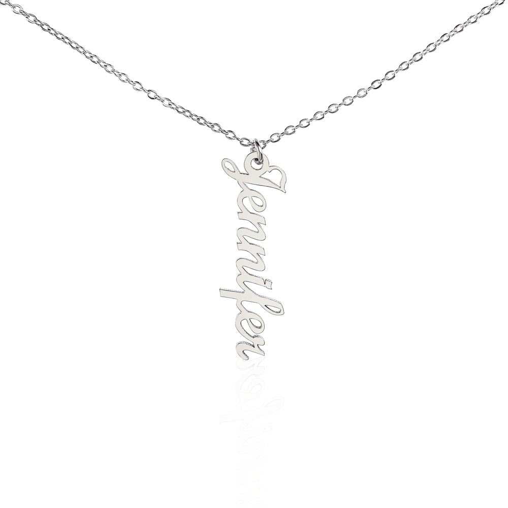 a polished stainless steel vertical name necklace hanging