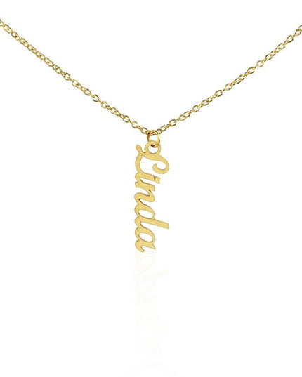a yellow gold vertical name necklace hanging