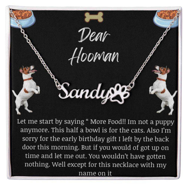 Pet Name Paw Print Necklace with a polished stainless-steel variant on a Dear Human greeting card with up close view