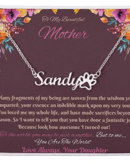 polished steel paw print pet name necklace in soft box