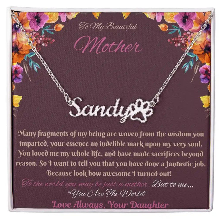 polished steel paw print pet name necklace in soft box