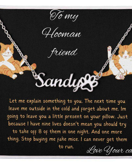 Pet Name Paw Print Necklace with a polished stainless-steel variant on a to my human greeting card with a up close view