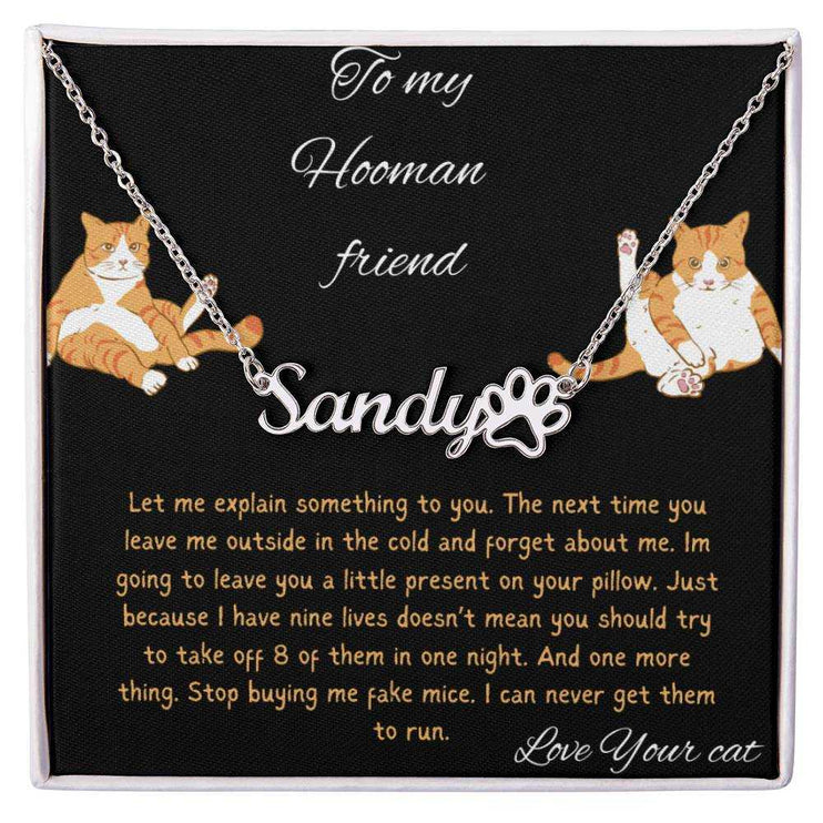 Pet Name Paw Print Necklace with a polished stainless-steel variant on a to my human greeting card with a up close view