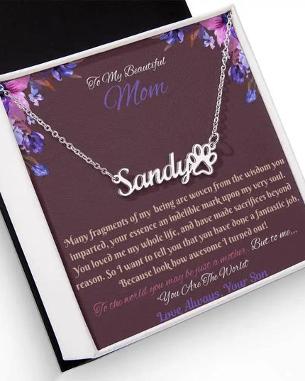 polished stainless paw print pet name necklace in soft box