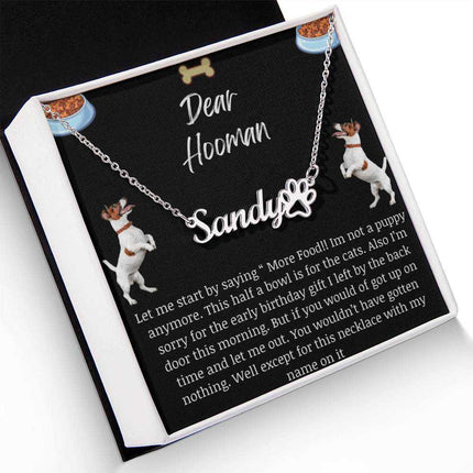 Pet Name Paw Print Necklace with a polished stainless-steel variant on a Dear Human greeting card inside a two-tone box with up close view