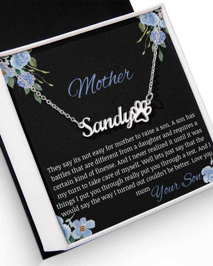 A polished stainless-steel pet name paw print necklace in a two-tone box.