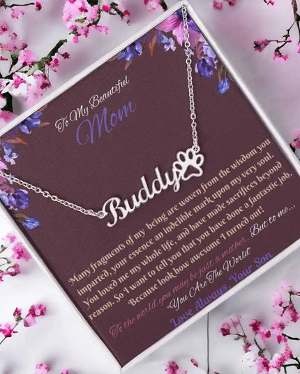 polished stainless paw print pet name necklace in soft box