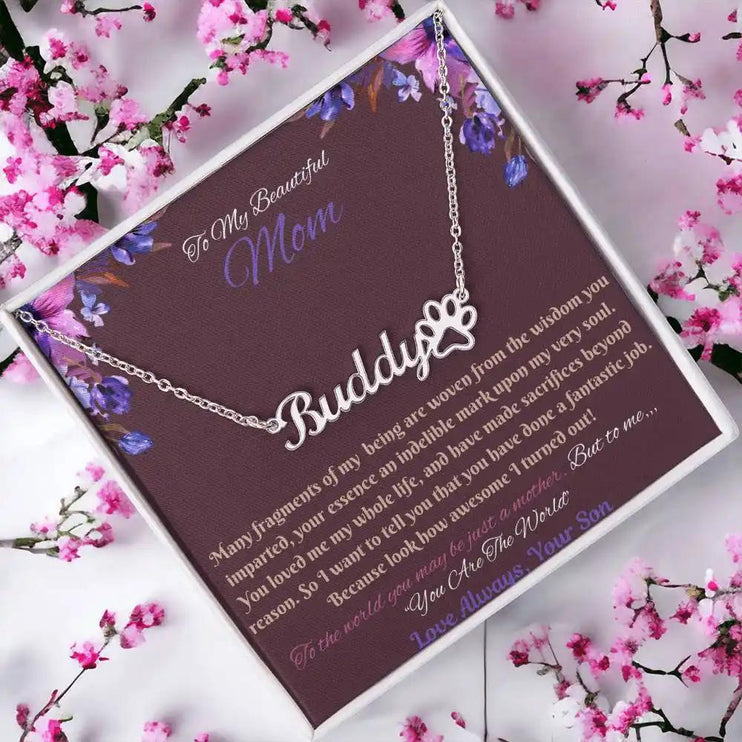 polished stainless paw print pet name necklace in soft box