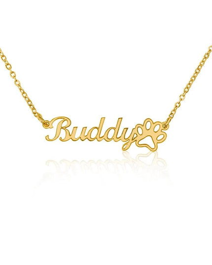 gold paw print pet name necklace white backdrop