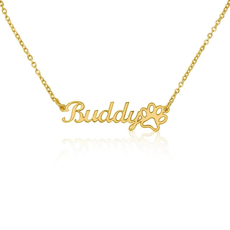 gold paw print pet name necklace white backdrop