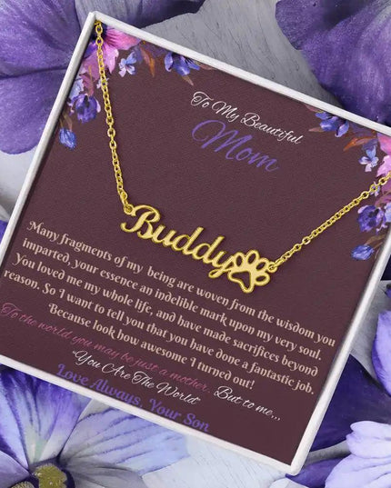 gold paw print pet name necklace in soft box angled right