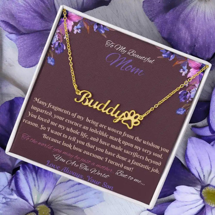 gold paw print pet name necklace in soft box angled right