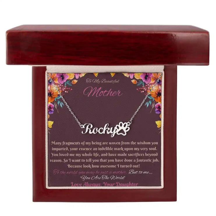 polished steel paw print pet name necklace in mahogany box