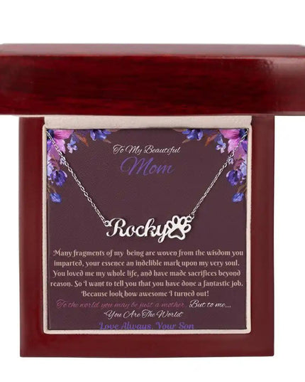 polished stainless paw print pet name necklace in soft box