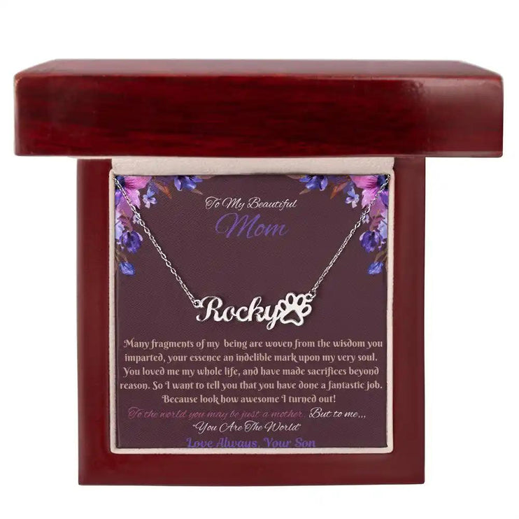 polished stainless paw print pet name necklace in soft box